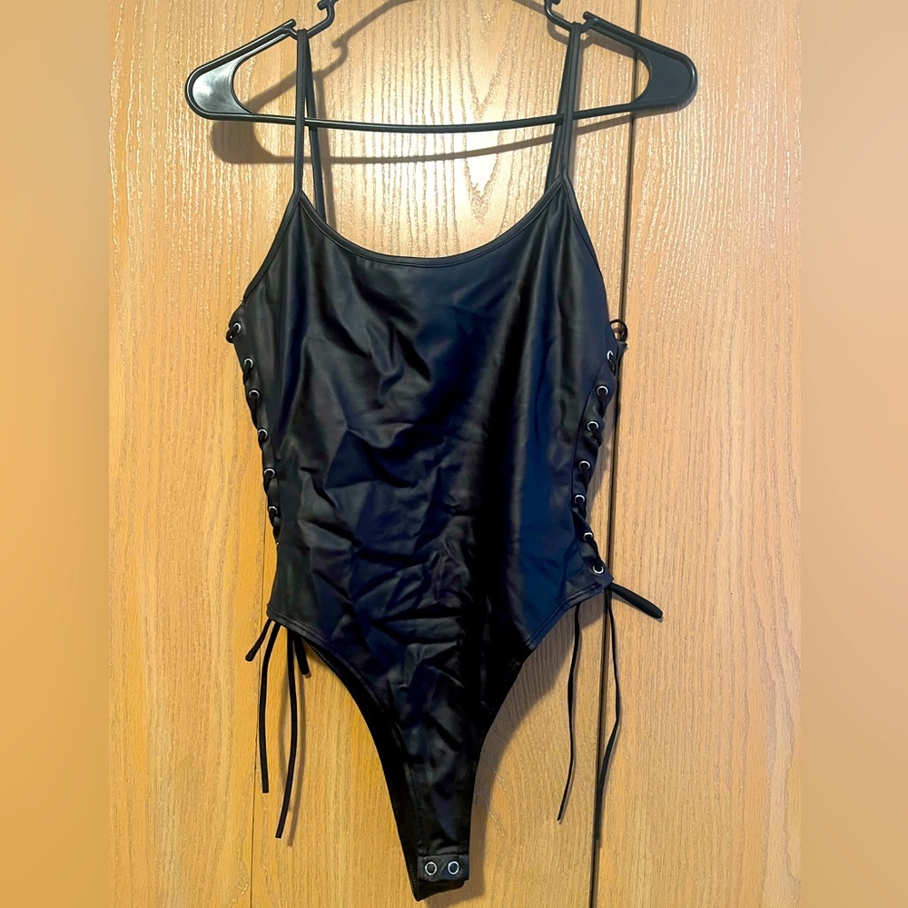 Forever 21: Faux Leather Bodysuit ties on the side